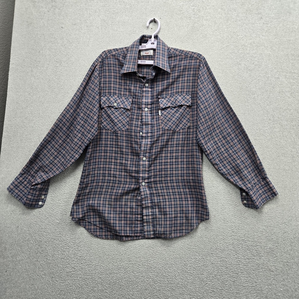 VINTAGE Levi's Men Button Up Shirt M Blue Plaid Long Sleeve Pockets Collar